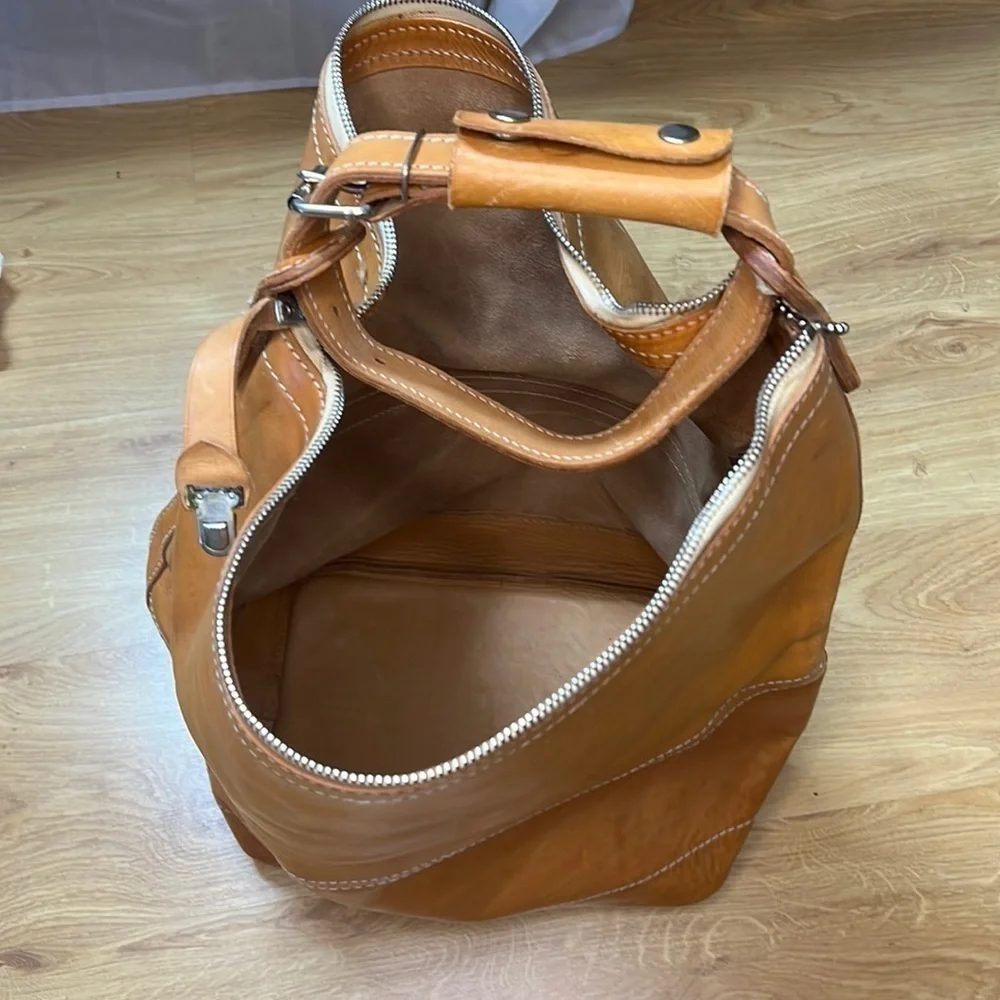 Large Tall Belting Leather Zip Tongue Groove Closure Hand Crossbody Bucket Bag